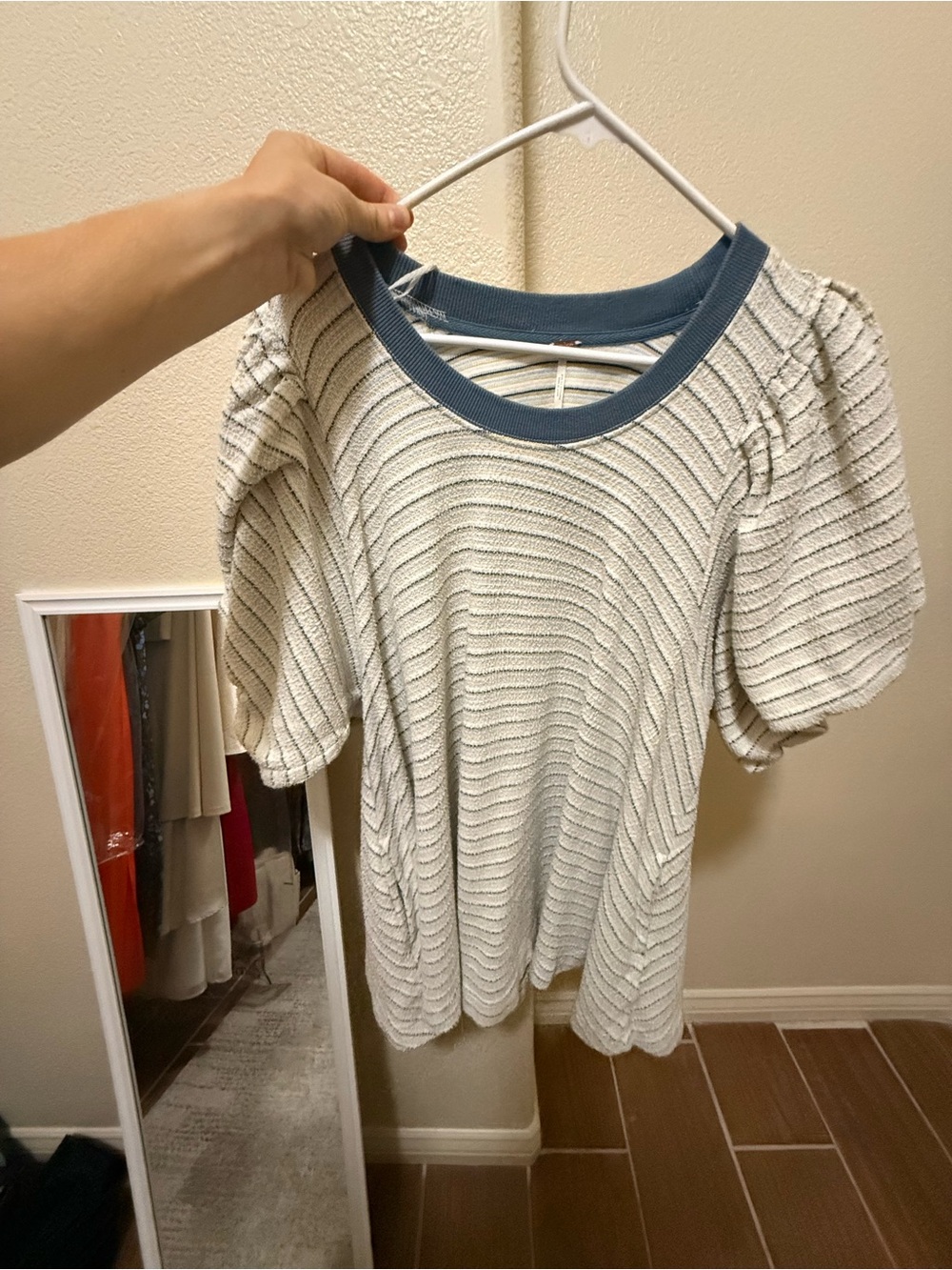 Free People Cream Knit Puff-Sleeve Top with Blue Neckline